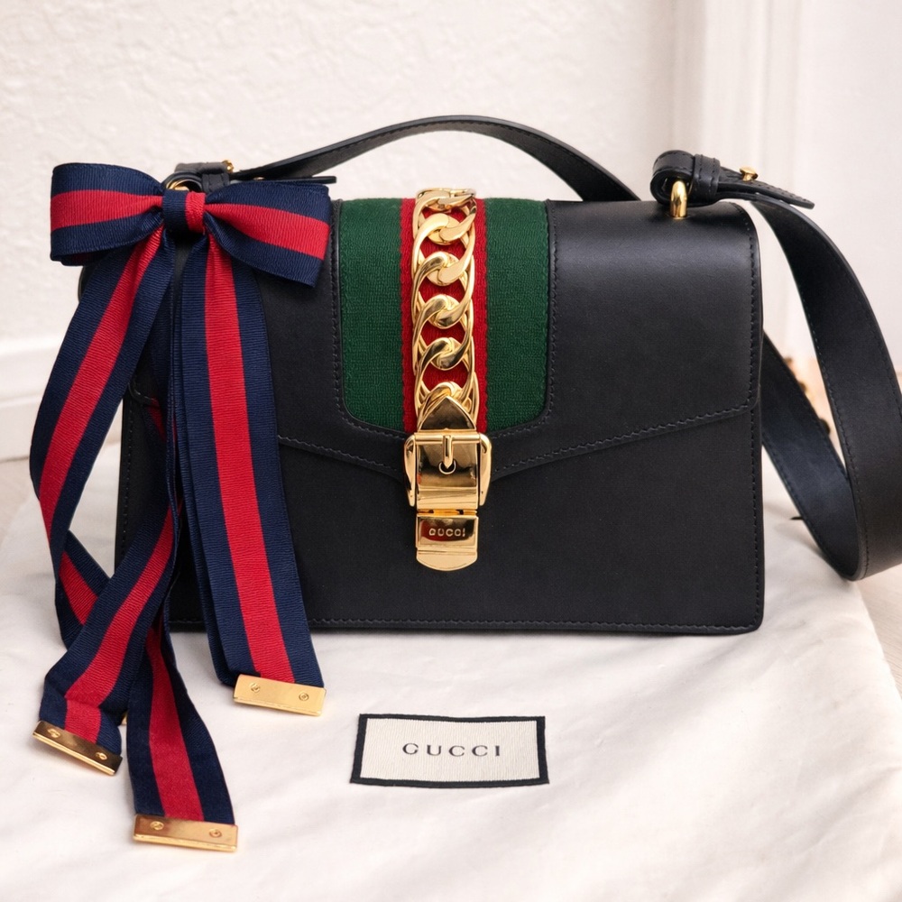 Gucci Black and Green Shoulder Bag with Gold Accents